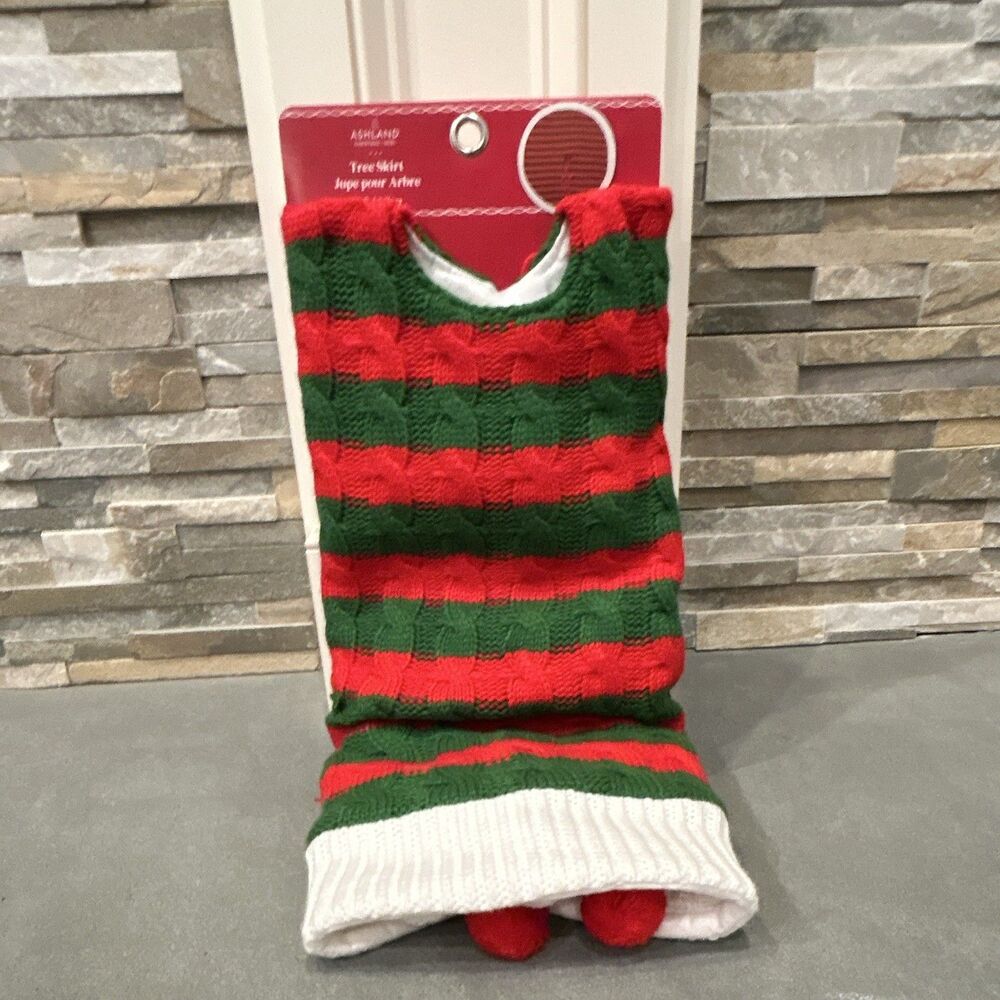 Ashland Christmas Tree Skirt Red Green White Striped Round 4 ft Pom Pom Trim